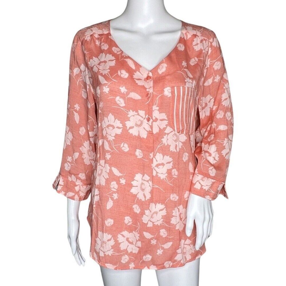 Christopher & Banks Shirt Womens Large Orange Floral Striped‎ Bohemian Peasant